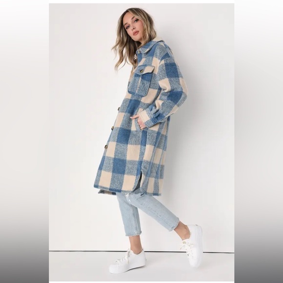 Lulus Snow Day Darling Blue And Cream Plaid Coat - Size XL - Picture 6 of 16